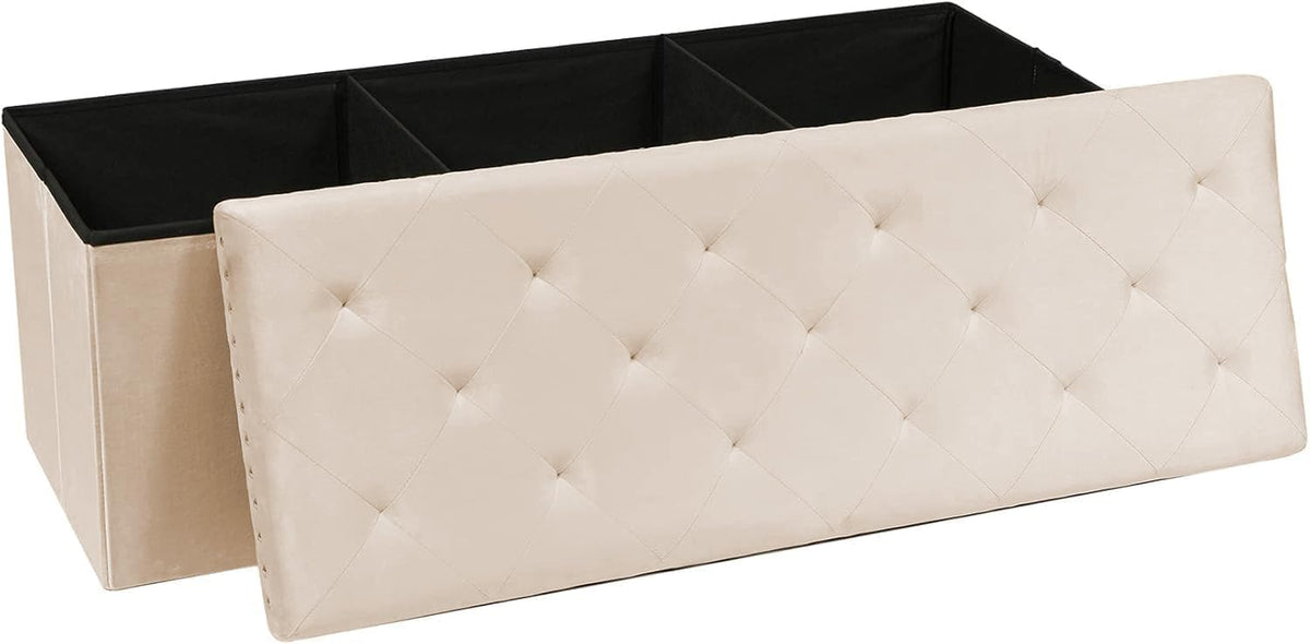 PINPLUS Folding Storage Ottoman Bench, Beige Velvet Tufted