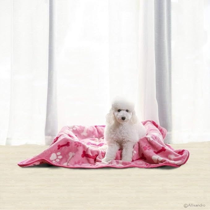 Allisandro Luxurious Dog Blanket, 350 GSM Super Fuzzy Microplush Fleece Pet Blankets for Small Medium Large Dogs and Cats, Pink Paw and Bone, 32" x 24"