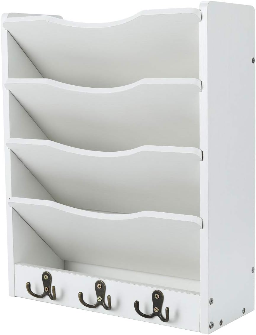 PAG-Mass 5-Tier Wall File Holder Hanging Mail Organizer Wood Magazine Literature Rack with 6 Hooks, White