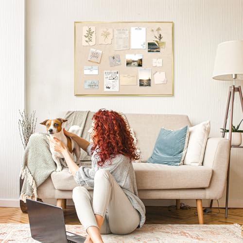 DOLLAR BOSS Linen Bulletin Board, 36'' x 24'', Golden Frame, Beige Brown