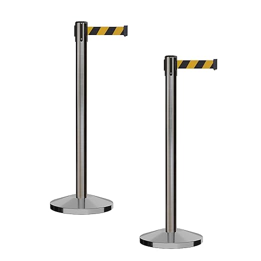 CCW Series RBB-100 - Set of 2 Stanchion Retractable Belt Barriers (9 Foot Belt, Black and Yellow Diagonal Belt with Satin Stainless Steel Post)