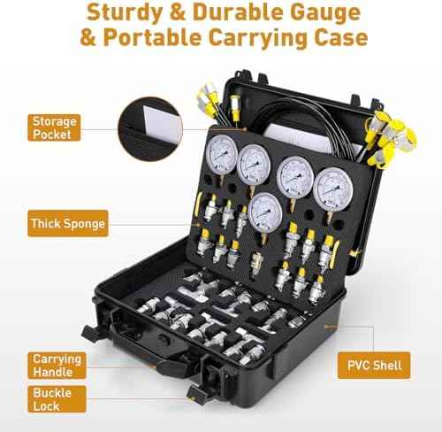 Hydraulic Pressure Test Kit, 600bar /10000psi / 60Mpa 5 Gauges 13 Test Couplings 14 Tee Connectors 5 Test Hoses, Hydraulic Test Gauge kit for Excavator Construction Machinery (5 Gauges)
