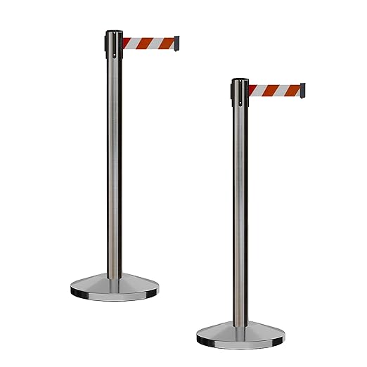 CCW Series RBB-100 - Set of 2 Stanchion Retractable Belt Barriers (11 Foot Belt, Red and White Diagonal Belt with Satin Stainless Steel Post)