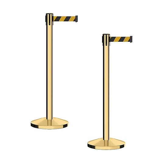 CCW Series RBB-100 - Set of 2 Stanchion Retractable Belt Barriers (9 Foot Belt, Black and Yellow Diagonal Belt with Polished Brass Post)