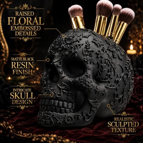 Skull Makeup Brush Holder, Pen Holder, Vanity, Desk, Office Organizer, Stationary, Decor Planter, Candy Bowl, Goth Decorations, Extra Large, Skulls Gothic Skull & Bones Organizer Bathroom
