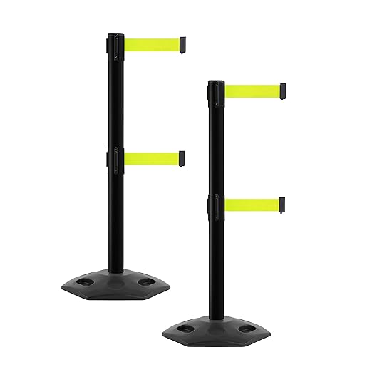 CCW Series WBB-200D - Set of 2 Retractable Dual Belt Barrier Stanchion, Heavy Duty Rubber Base, Black Post (11 Foot Belt, Fluorescent Yellow Belt)