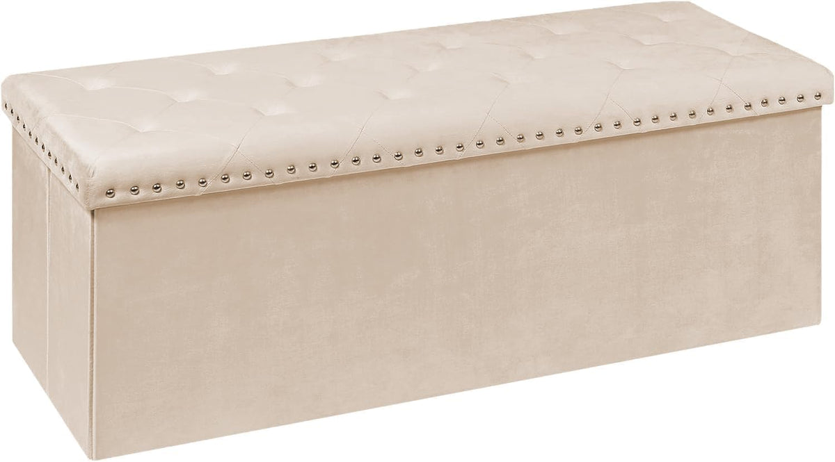 PINPLUS Folding Storage Ottoman Bench, Beige Velvet Tufted