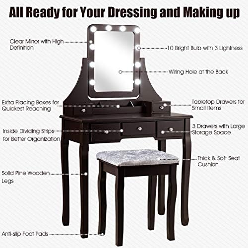DORTALA Vanity Table Set w/ 360-Degree Rectangular Mirror & Cushioned Stool, Makeup Table w/ 10 LED Dimmable Bulbs, Bedroom Wood Dressing Table w/ 5 Drawers & Removable Box Organizer, Brown