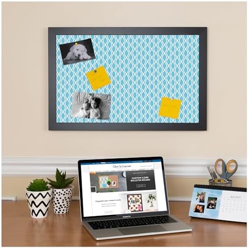 PinPix 40x28 inch Cork Bulletin Board. This Decorative Framed Pin Board Comes with Sky Blue Waves Design and a Satin Black Frame. Ideal for Home Office Decor (PinPix-245)