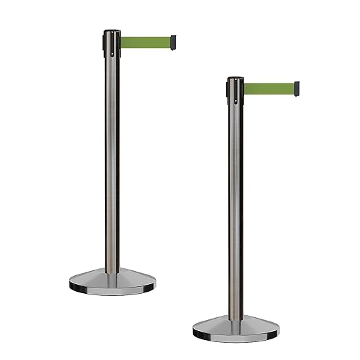 CCW Series RBB-100 - Set of 2 Stanchion Retractable Belt Barriers (7.5 Foot Belt, Olive Belt with Satin Stainless Steel Post)