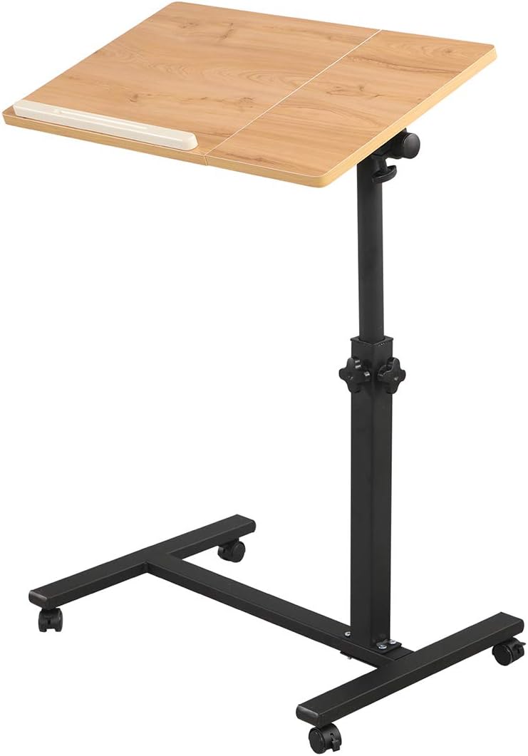 TigerDad Overbed Bedside Desk Mobile Rolling Laptop Stand Tilting Overbed Table with Wheels Height Adjustable Tray Table for Laptop Bed Sofa Side Table (Wood)