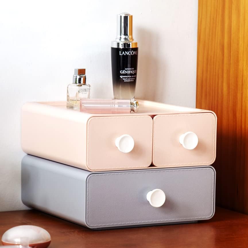 livinbox Desktop Storage Organiser w/ 3 Drawers, Stackable Plastic Organiser for Cosmetics Make-up Stationery Color-pencils Markers Tape Erasers Clips Chargers, MD-2012 (Pink&Blue)