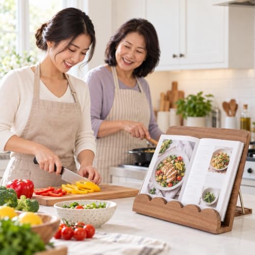 Cookbook Stand for Kitchen Counter, Adjustable Solid Wood Recipe Holder