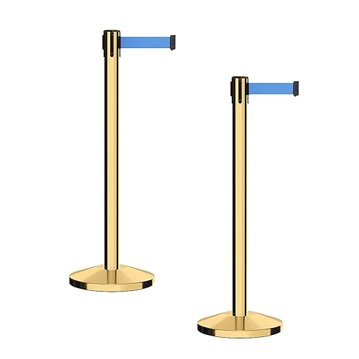 CCW Series RBB-100 - Set of 2 Stanchion Retractable Belt Barriers (9 Foot Belt, Light Blue Belt with Polished Brass Post)