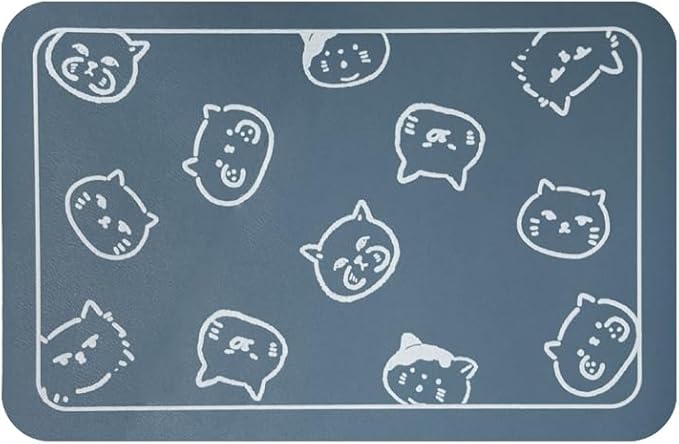 YCT Cat Food Mat, Cat Mat for Food and Water, Pet Feeding Mat, Non-Slip Super Absorbent, with Multiple cat Heads Logo, 24 x 16.9 inches, Blue
