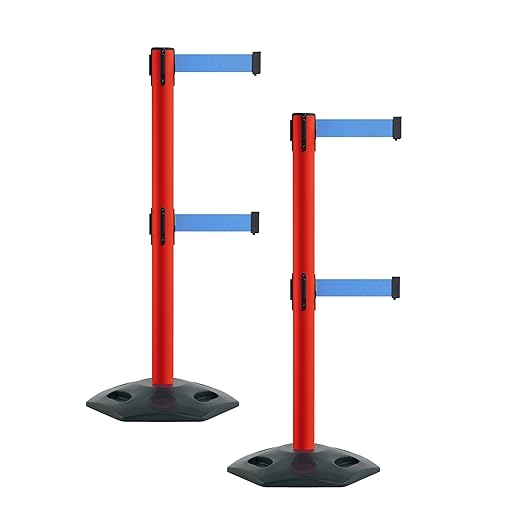 Montour Line MSR630D Set of 2 Retractable Belt Barrier Stanchion, Heavy-Duty Rubber Base, Red Post (7.5 ft Light Blue Dual Belt)
