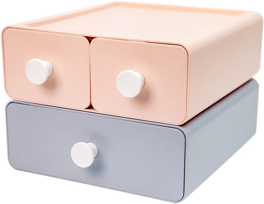 livinbox Desktop Storage Organiser w/ 3 Drawers, Stackable Plastic Organiser for Cosmetics Make-up Stationery Color-pencils Markers Tape Erasers Clips Chargers, MD-2012 (Pink&Blue)