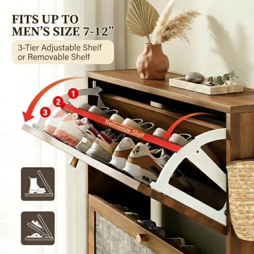 Rattan Shoe Cabinet with 2 Flip Drawers, Arched Accent Shoe Storage for Entryway, 9.4" Slim Shoe Rack with Anti-Tip Wall Mount & Adjustable Shelves, Farmhouse Boho Organizer for Boots, Sneakers, Heels