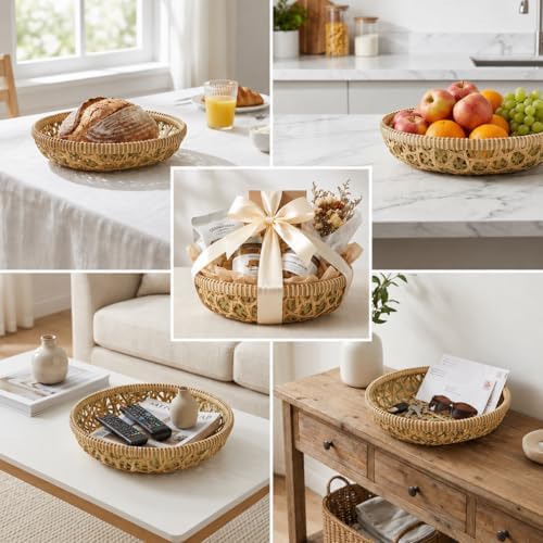 Handwoven Bamboo Basket Set of 3, Round Nesting Bread & Fruit Baskets, Natural Spiral Weave, Decorative Serving Baskets for Table & Home Decor (Lattice Natural Olive)