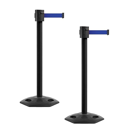 Montour Line MSR760 Set of 2 Retractable Belt Barrier Stanchion, Rubber Base, Black Powder Coated Post (35 ft Dark Blue Belt)