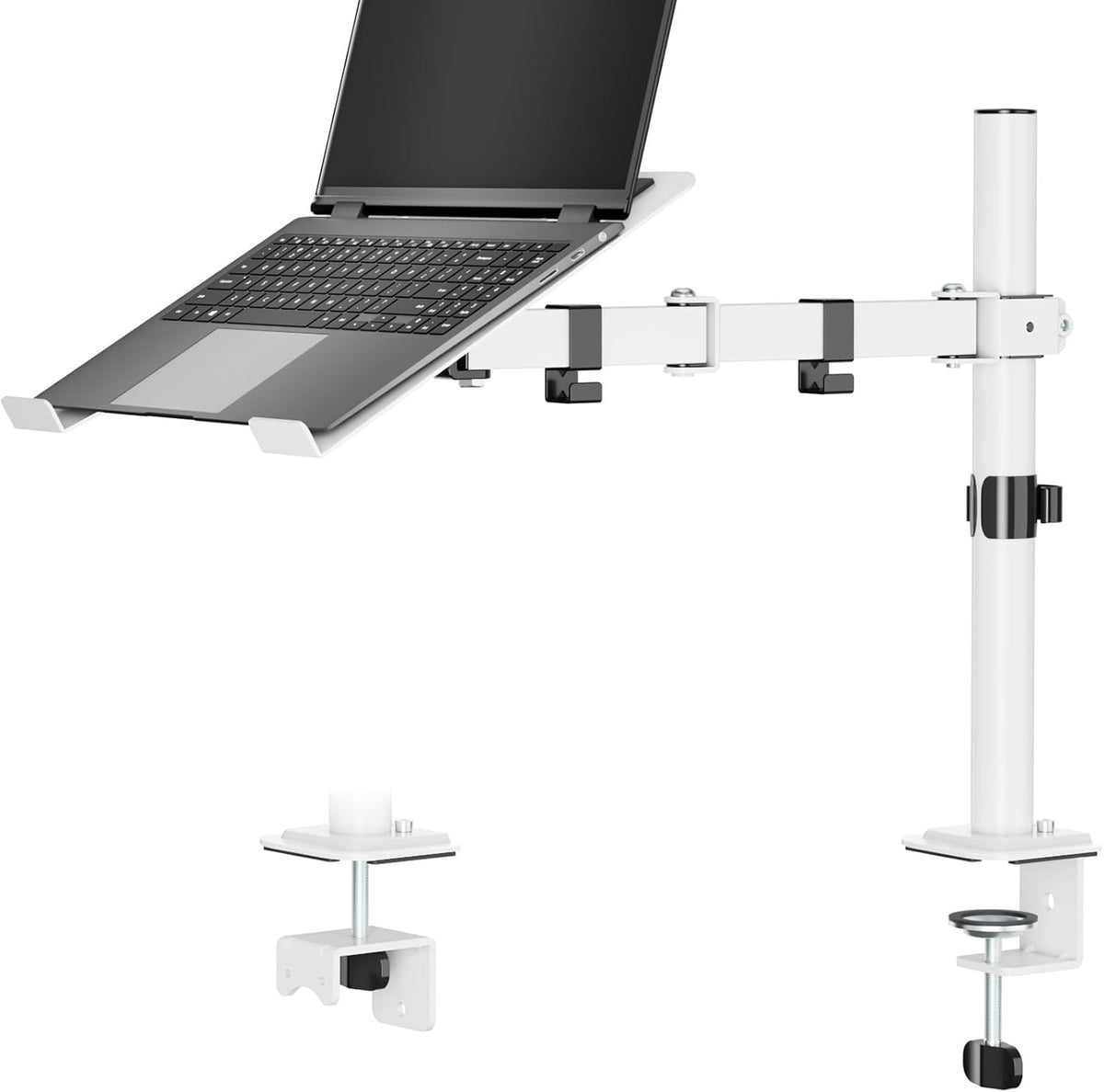 UPGRAVITY White Laptop Desk Mount with Vented Tray for Notebook up to 17 inch, Fully Adjustable Single Laptop Arm Stand Holds up to 17.6 lbs, Clamp on/Grommet Mounting