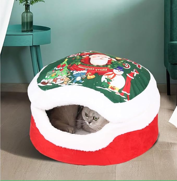 Christmas Sleigh Dog Bed - Red Holiday Themed Pet Bed for Cats and Dogs, Washable and Highly Durable for Indoor and Outdoor Use (B)
