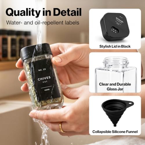 Glass Square Spice Jars with Label, Seasoning Set, 36x Black Sprinkle Lids