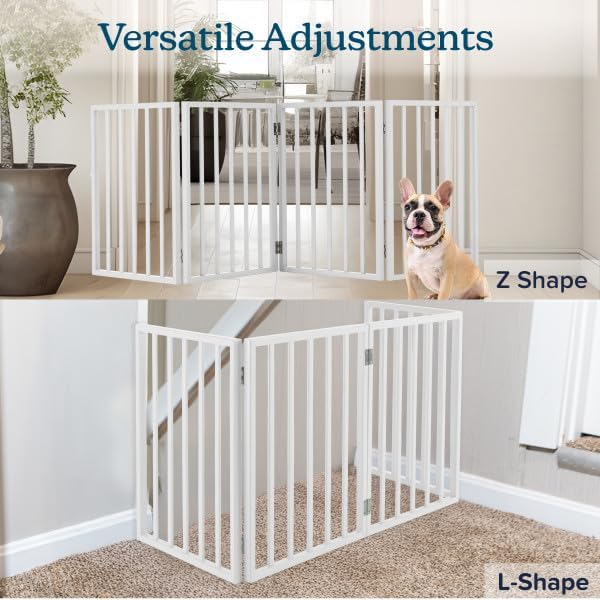 Pet Gate - 4-Panel Indoor Foldable Dog Fence for Stairs, Hallways or Doorways - 72x24-Inch Retractable Wood Freestanding Dog Gates by PETMAKER (White)