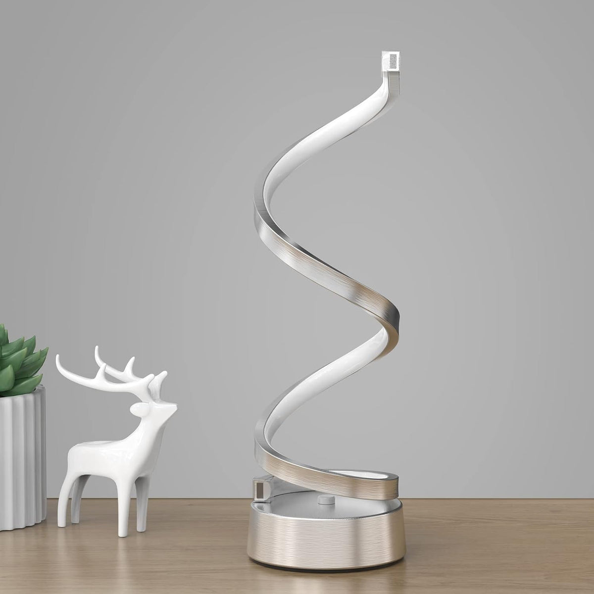 NUÜR Silver Infinity Spiral LED Table Lamp, Dimmable Bedside Lamp