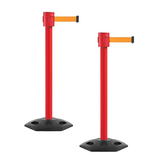 Montour Line MSR760 Set of 2 Retractable Belt Barrier Stanchion, Rubber Base, Red Post (35 ft Fluorescent Orange Belt)
