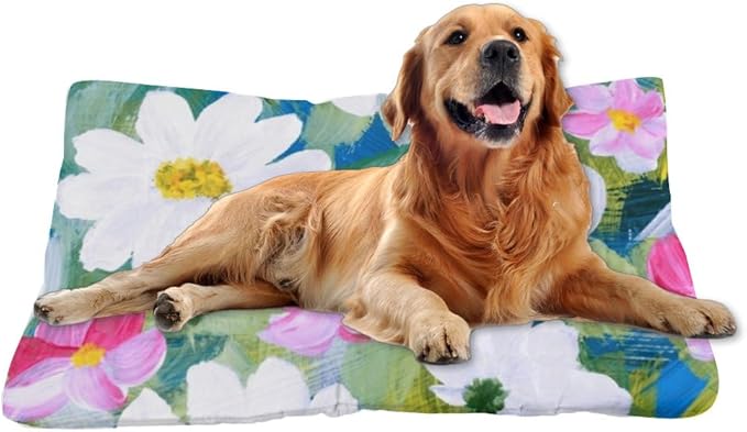 White Pink Floral Dog Beds Dog Cute Bed Mat Pet Padding Crate Pad Washable Non-Slip Medium Crate Bed Rectangular Mat Pillow Indoor Outdoor 36X24 Inch