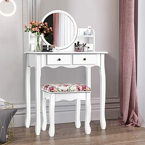CHARMAID Vanity Set with 4 Storage Shelves and 4 Drawers, Makeup Table with 360° Pivoted Round Mirror and Makeup Organizers, Dressing Table with Mirror and Cushioned Stool for Women Girls (White)