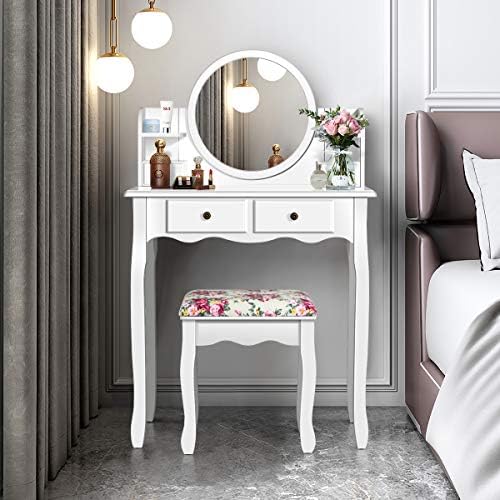 CHARMAID Vanity Set with 4 Storage Shelves and 4 Drawers, Makeup Table with 360° Pivoted Round Mirror and Makeup Organizers, Dressing Table with Mirror and Cushioned Stool for Women Girls (White)