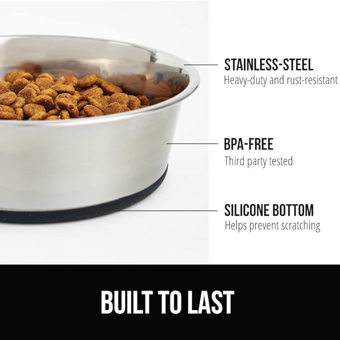 GORILLA GRIP Dog Bowls, Holds 1 Cup Each (8 fl oz), Heavy Duty Stainless Steel Food and Water Bowl for Feeding Dogs and Cats, Dishwasher Safe, Rust Resistant Metal BPA Free Rubber Base, Set of 2 Black