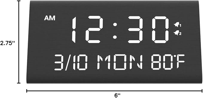 Kogonee Wooden Digital Alarm Clock, 0-100% Dimmer, 2 Alarm Settings,
