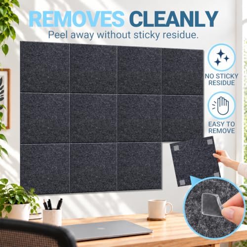 Hiksuky EcoCork Pro 48"x36" Modular Felt Wall Panels - 12 Pack Recycled Felt Tiles with Damage-Free Adhesive, Customizable Cork Board Alternative for Office & Home Decor Gray