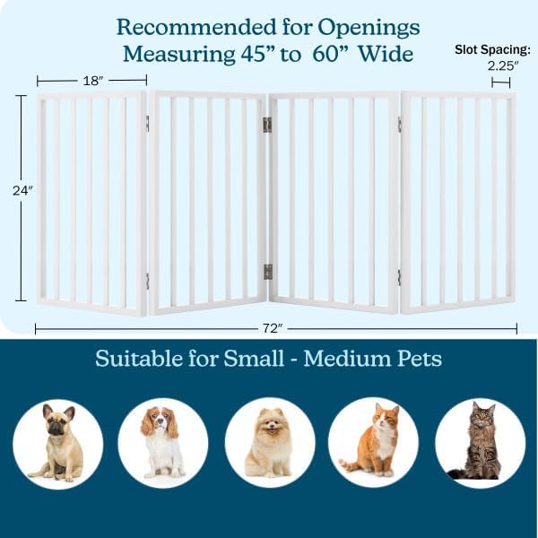 Pet Gate - 4-Panel Indoor Foldable Dog Fence for Stairs, Hallways or Doorways - 72x24-Inch Retractable Wood Freestanding Dog Gates by PETMAKER (White)