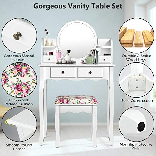 DORTALA Vanity Table Set with Round Mirror, Makeup Desk with Cushioned Stool, 4 Drawers & 2 Shelves, Makeup Organizer, Vintage Dressing Table for Bedroom, Best Gift for Women and Girls, White