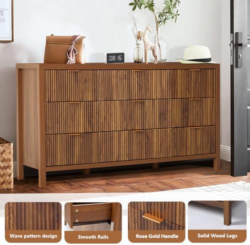 Mid Century Modern Dresser TV Stand, 9 Drawer Dresser for Bedroom Wood, Farmhouse Boho Storage Cabinet Side Table with Solid Natural Wood Legs, Long Wooden Nightstand for Closet (Walnut)