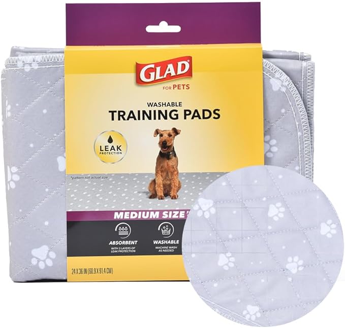 GLAD for Pets Washable Training Pads, Medium Size (24”x36”), 2 Pack Gray with Paw Prints| Re-usable Cloth Dog Training Pads with 3 Layers of Leak Protection and No Slip Grip Vinyl Bottom