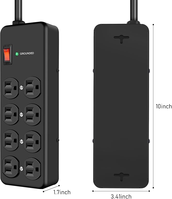 HEZI 8 Outlet Heavy Duty Power Strip, 15Amp Metal Mountable Surge Protector (2700J), Industrial Wall Mount Power Strip for Home, Office, Garage & Workshop, 10FT 14AWG Extension Cord
