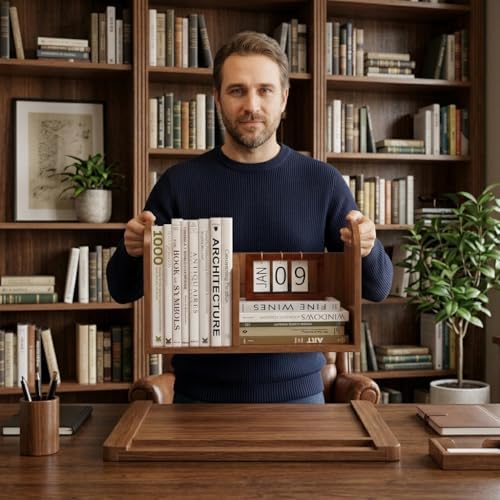 100% Solid Wood Adjustable Desktop Bookshelf, Retro Tabletop Book Shelf File Holder, Vertical Bookshelf Divider Desk Shelf for Home School Office Organization, Perfect for Books Magazine (Brown)