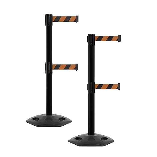 CCW Series WBB-200D - Set of 2 Retractable Dual Belt Barrier Stanchion, Heavy Duty Rubber Base, Black Post (9 Foot Belt, Black and Black Diagonal Belt)