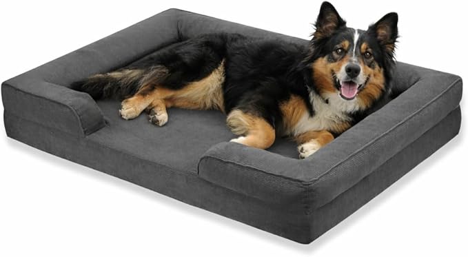 Gray Corduroy Orthopedic Dog Bed with Bolster – Memory Foam, Washable Removable Cover, Non-Slip Bottom (Large)