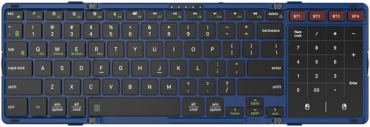 JOMAA Foldable Bluetooth Keyboard, 4-Channel Wireless, Multi-Device Rechargeable with Touchpad and Numeric pad Travel Portable Keyboard for Laptop, Tablet Phone, Windows, Mac, Android, iOS