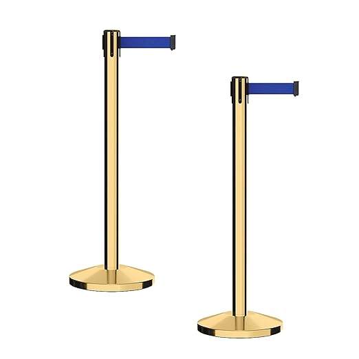 CCW Series RBB-100 - Set of 2 Stanchion Retractable Belt Barriers (7.5 Foot Belt, Dark Blue Belt with Polished Brass Post)