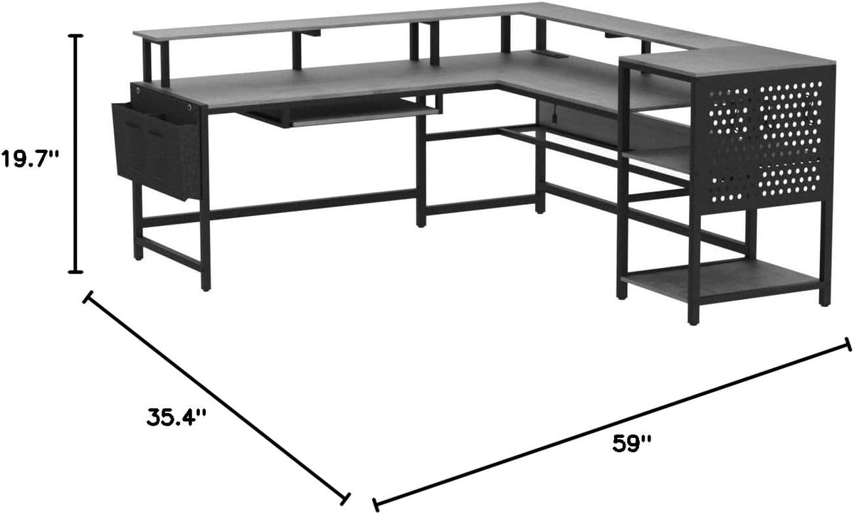 SEDETA L Shaped Gaming Desk, Convertible 96" Home Office Desk or Corner Desk, L Shaped Table with Power Outlets & LED Strip, Monitor Stand, Keyboard Tray, Pegboard and Storage Shelves, Grey