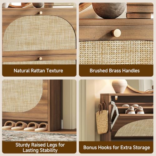 Rattan Shoe Cabinet with 2 Flip Drawers, Arched Accent Shoe Storage for Entryway, 9.4" Slim Shoe Rack with Anti-Tip Wall Mount & Adjustable Shelves, Farmhouse Boho Organizer for Boots, Sneakers, Heels