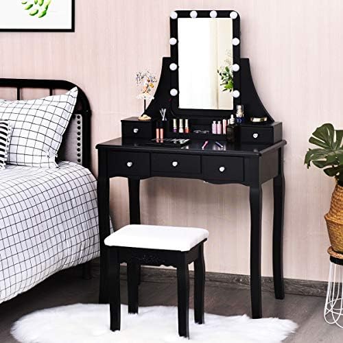 DORTALA Vanity Table Set w/Lighted Mirror, Morden Vanity Dressing Table w/ 10 Dimmable Light Bulbs & 5 Drawer, 2 Dividers Removable Organizer, Bedroom Makeup Table Set w/Cushioned Stool, Black