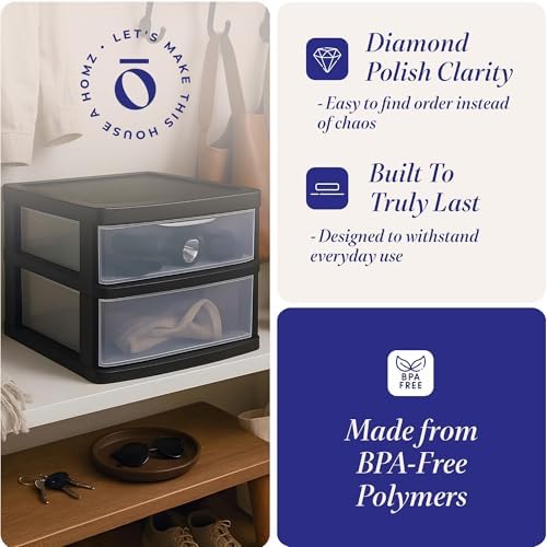 HOMZ 2 Drawer Storage Cart, Wide Plastic Container, Black Frame, 2 Pack